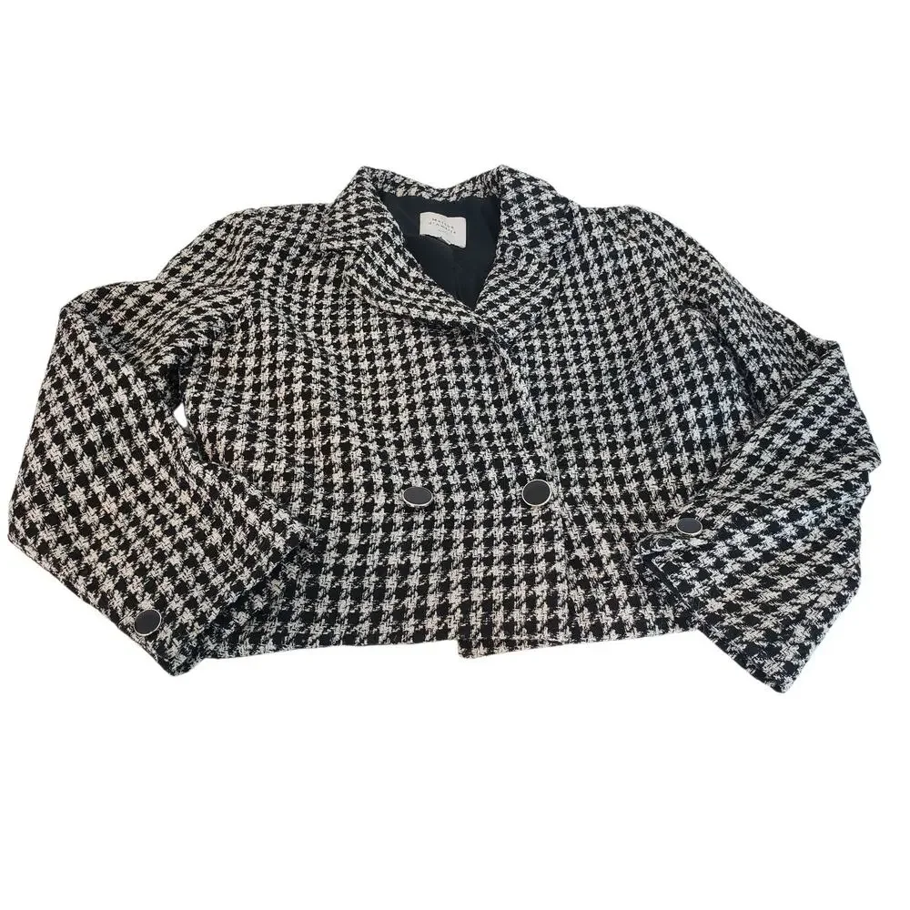 Vintage Blazer Suit Jacket Womens 12 Black White Houndstooth Cropped Tweed Paris - Picture 4 of 16